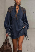 Indigo Faux Suede Embroidered Tassel Mini-Length Dress