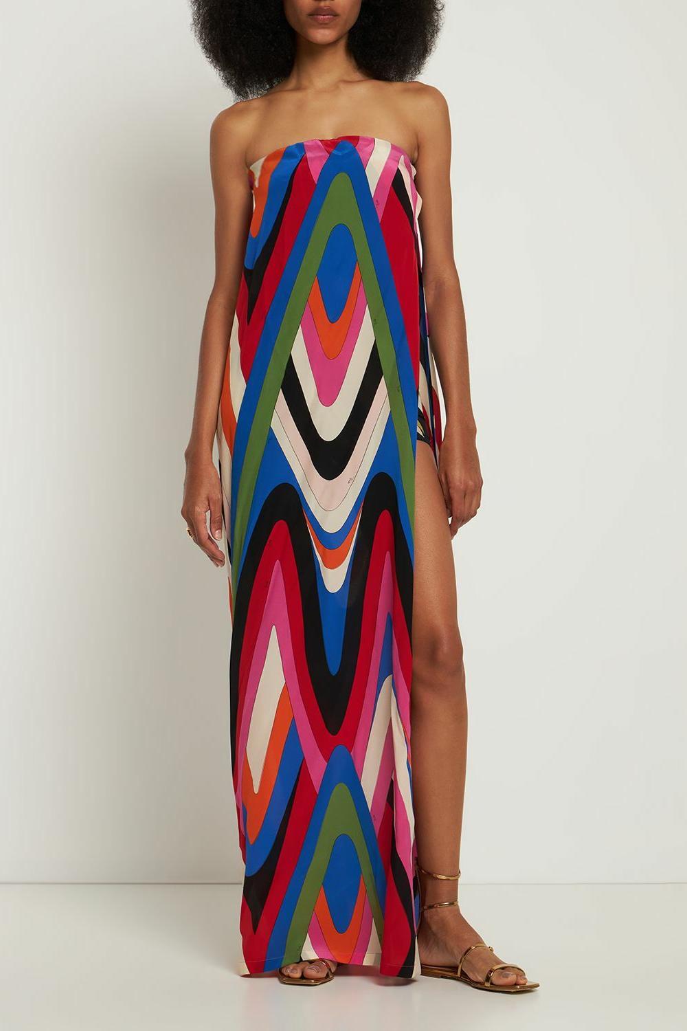 Strapless Side Slit Moire Print Maxi-Length Dress