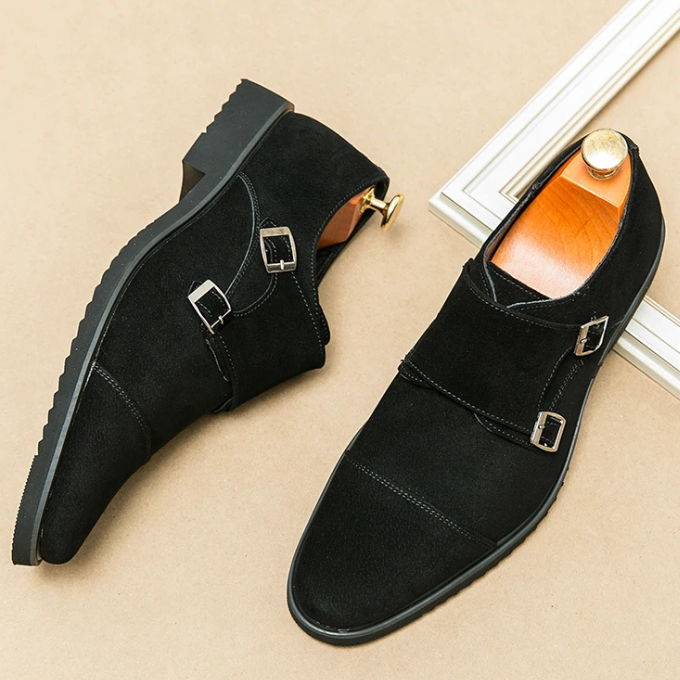 Suede Monk Strap Shoes with Double Buckle Strap