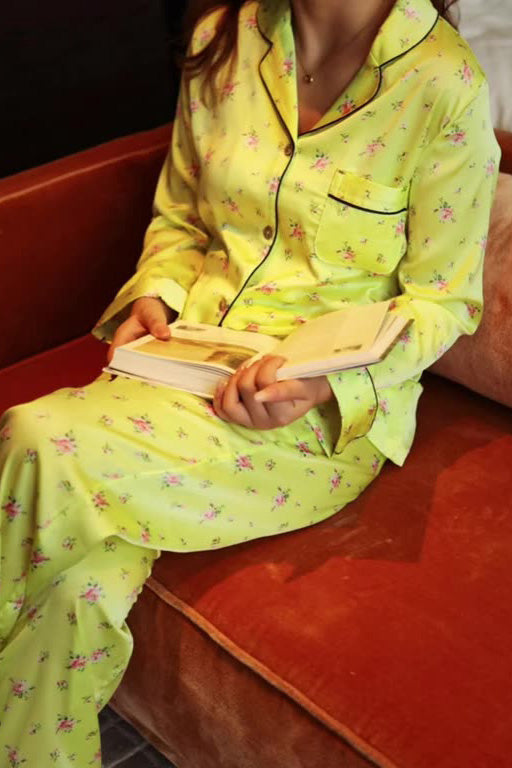 Fluorescent Green Flower Long Sleeve Pajama Set
