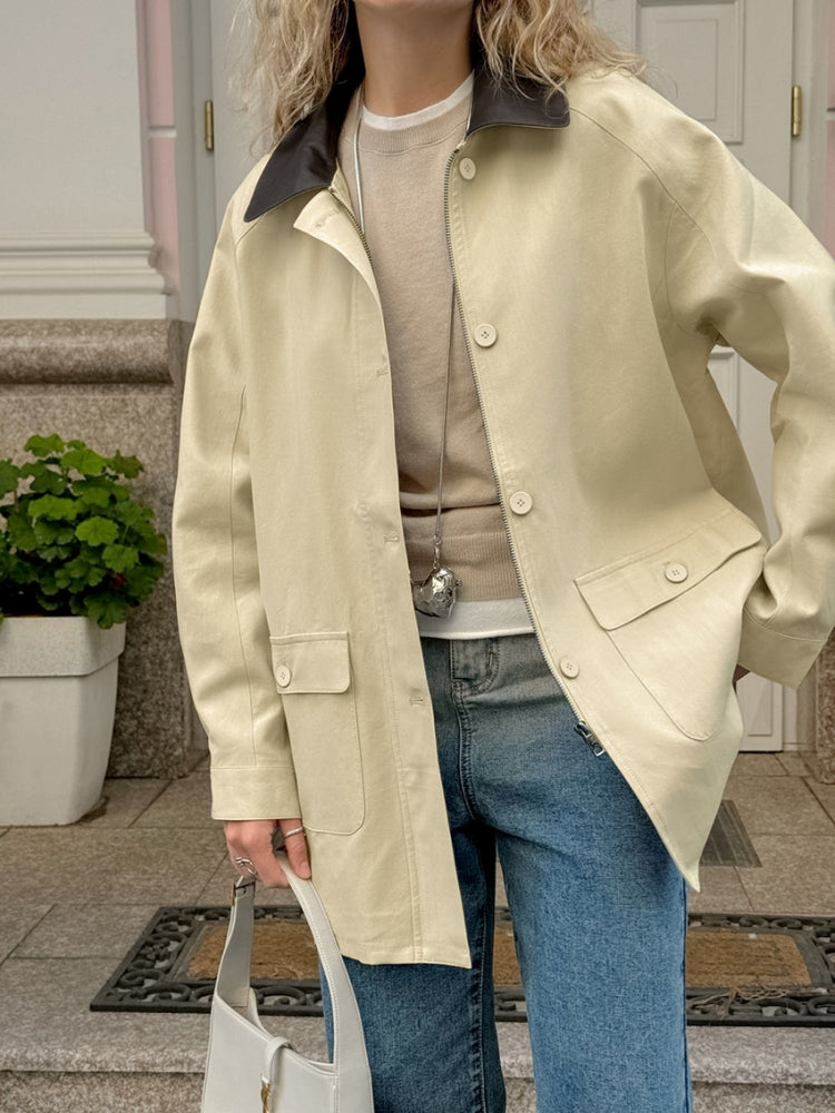 Washed Jacket with Color Block Design and Pockets