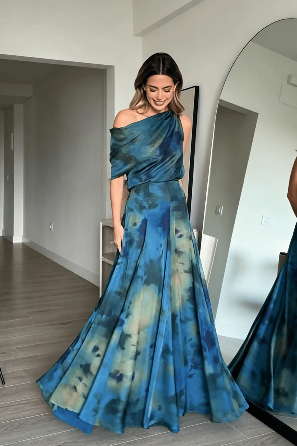 Coordinated Draped Neck Abstract Skirt Set