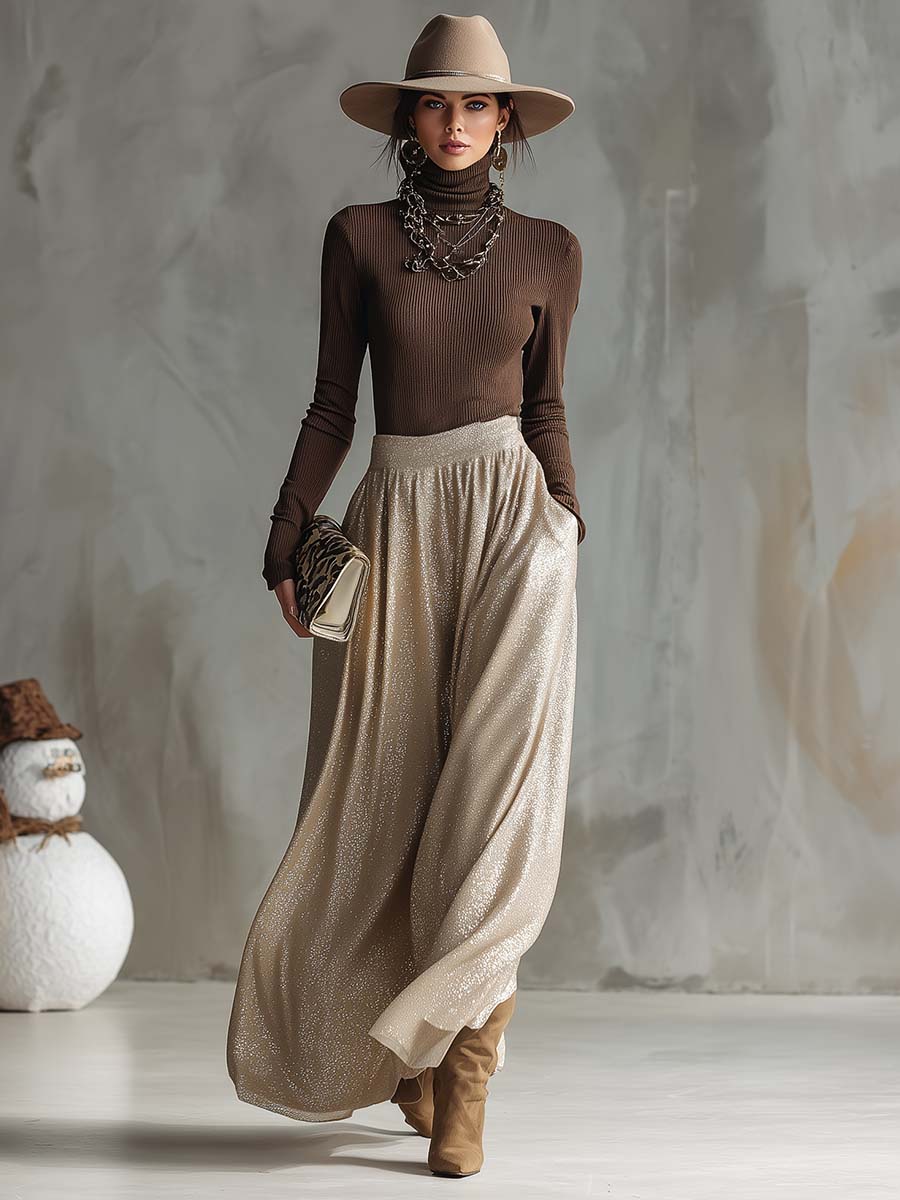 Refined And Fashionable Retro Brown High-neck Knitted Top And Shimmering Silver Skirt Set