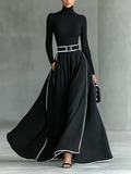 Women's Black Stitching White Trim High Collar Long Sleeve Tight Belt Maxi-Length Dress
