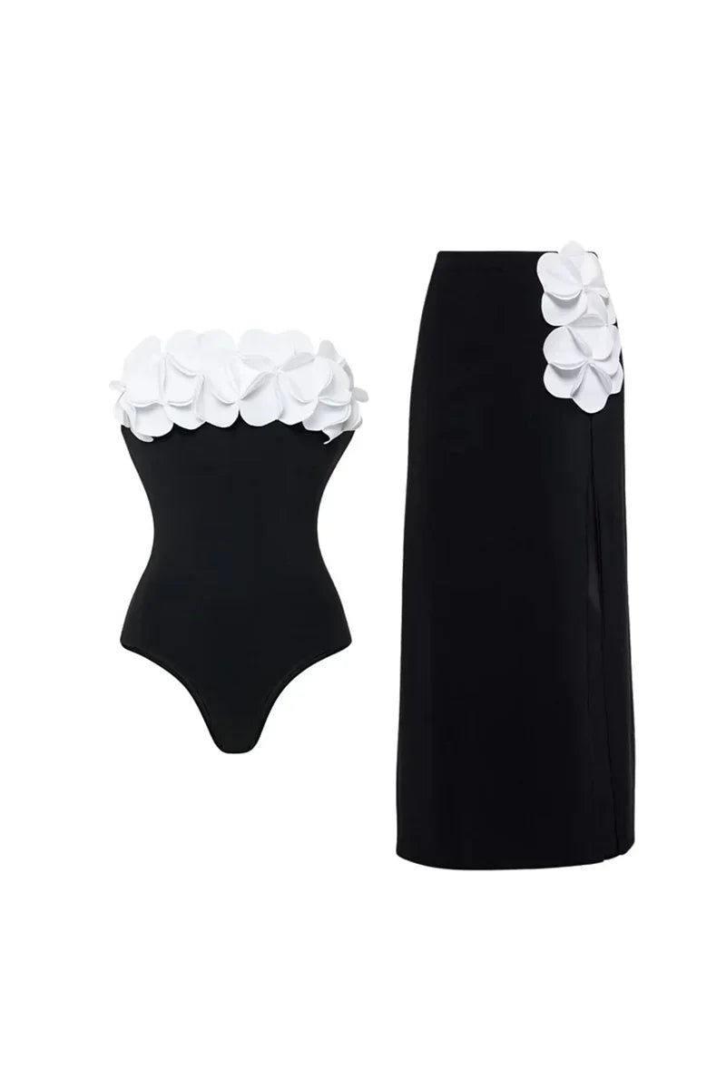 3D Flower Strapless Black Swimsuit