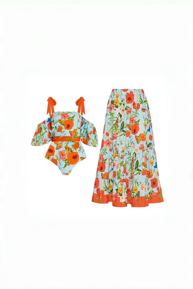 Flower Puff Sleeve Bandeau One-Piece Swimwear