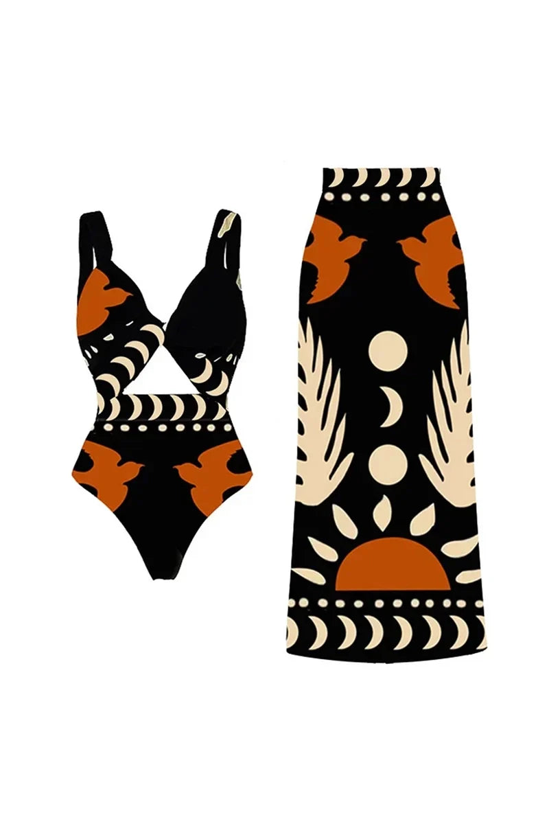 Graphic Print High-Waisted Swimsuit