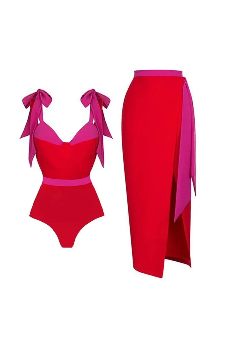 Colorblock Bow Tie Bikini Swimwear Set