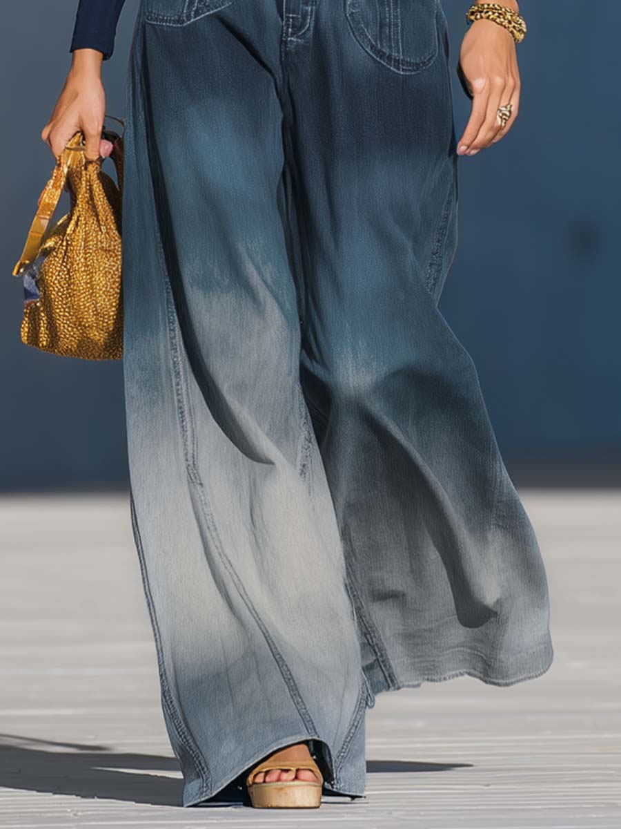 Relaxed Fashion Gradient Washed Denim Blue Gray Loose Trousers