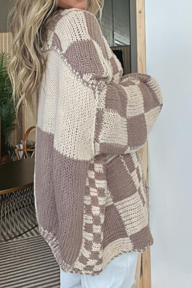 Plaid Open Front Long Sleeve Knit Cardigan