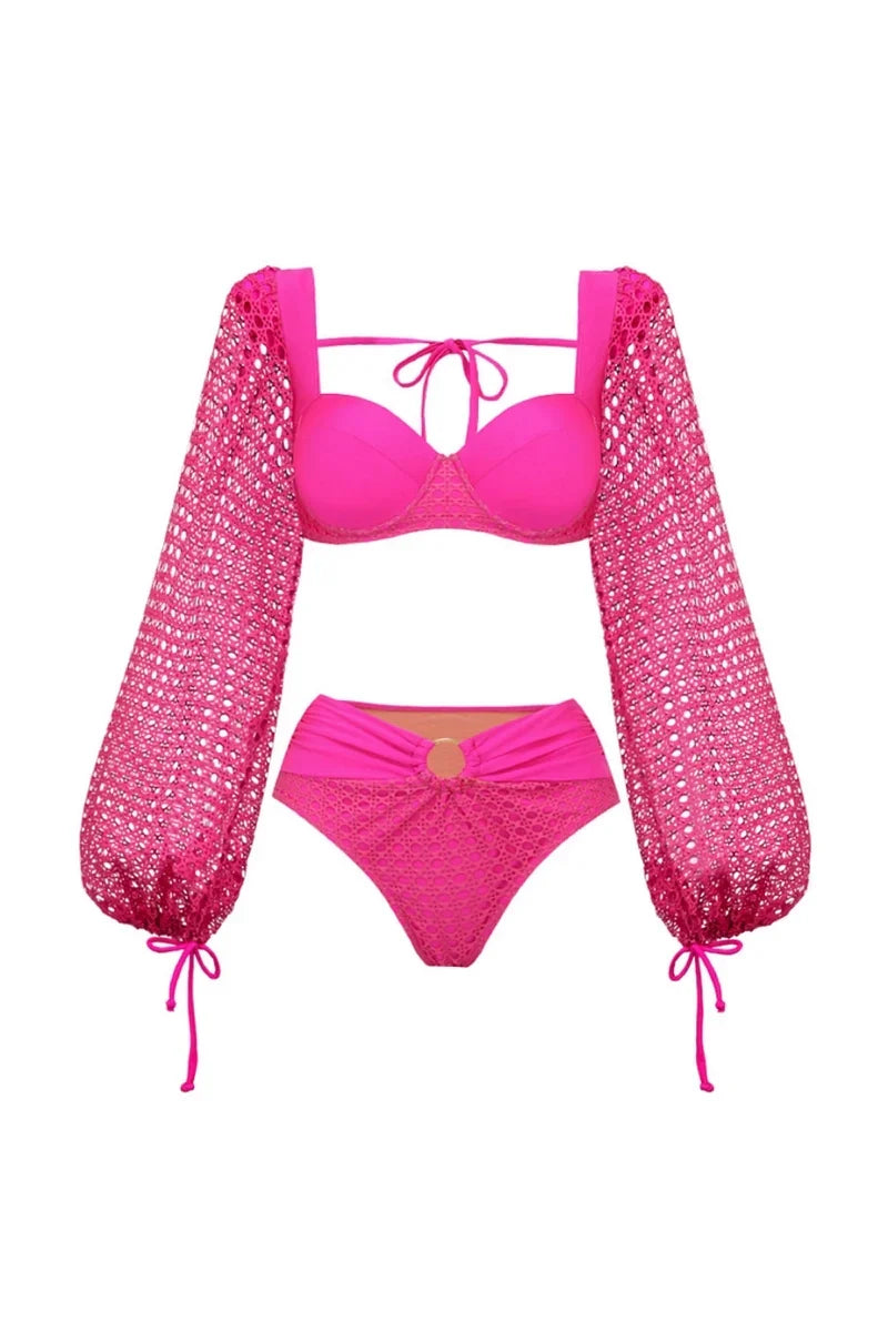 Fluorescent Pink Open-Back Swimwear Set