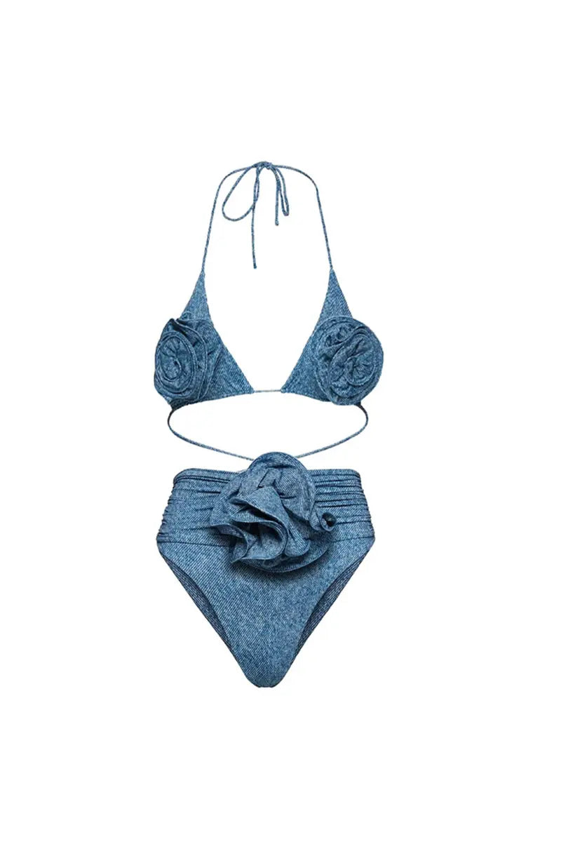 3D Flower Halter Sexy Two-Piece Bikini