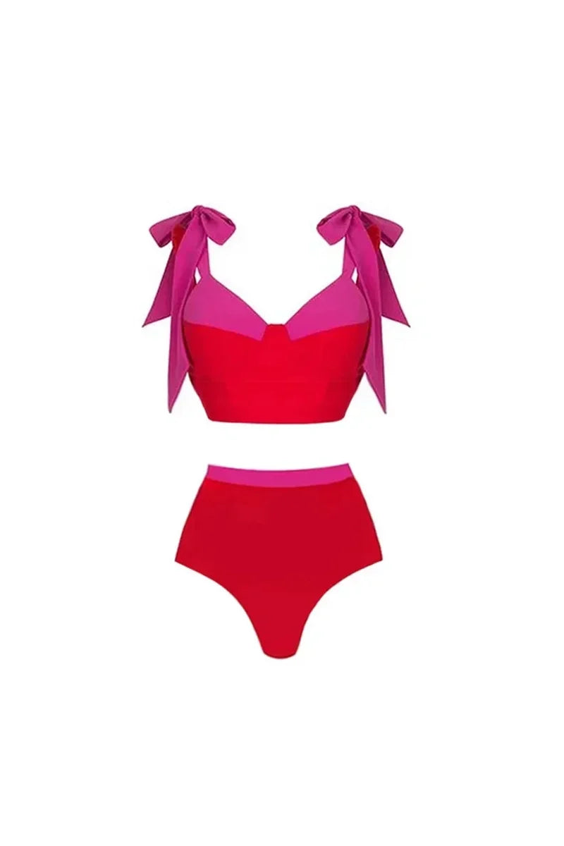 Colorblock Bow Tie Bikini Swimwear Set