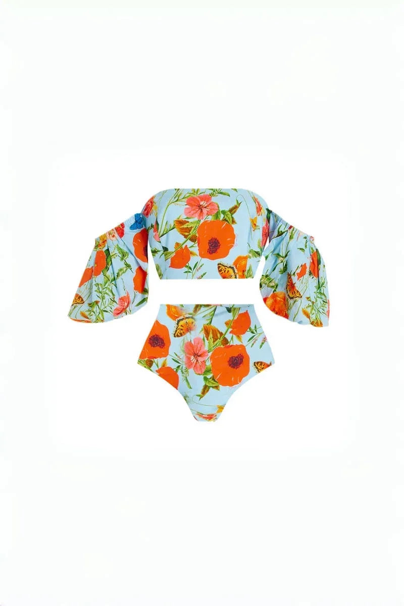 Flower Puff Sleeve High-Waisted Two-Piece Bikini