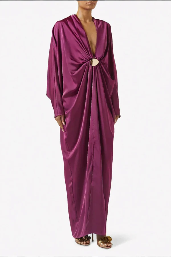Magenta Satin Neck Maxi-Length Dress in Satin