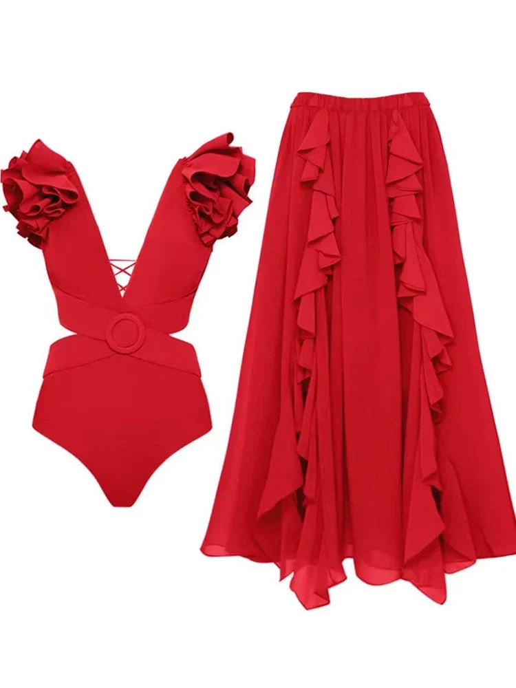 3D Flower Shoulder Embellished Cut-Out Swimsuit