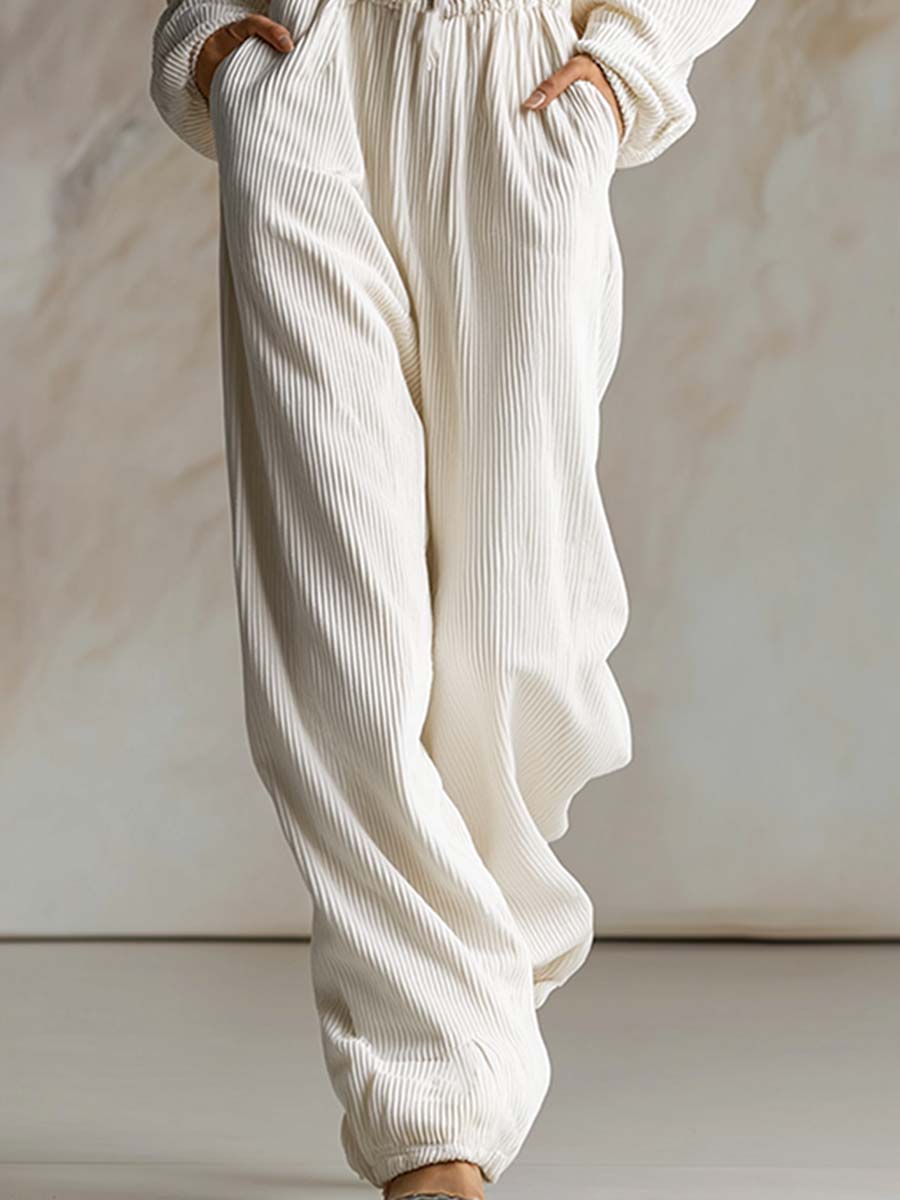 Relaxed Loose Fashionable White Corduroy Hooded Front Zipper Long Sleeve Jumpsuit