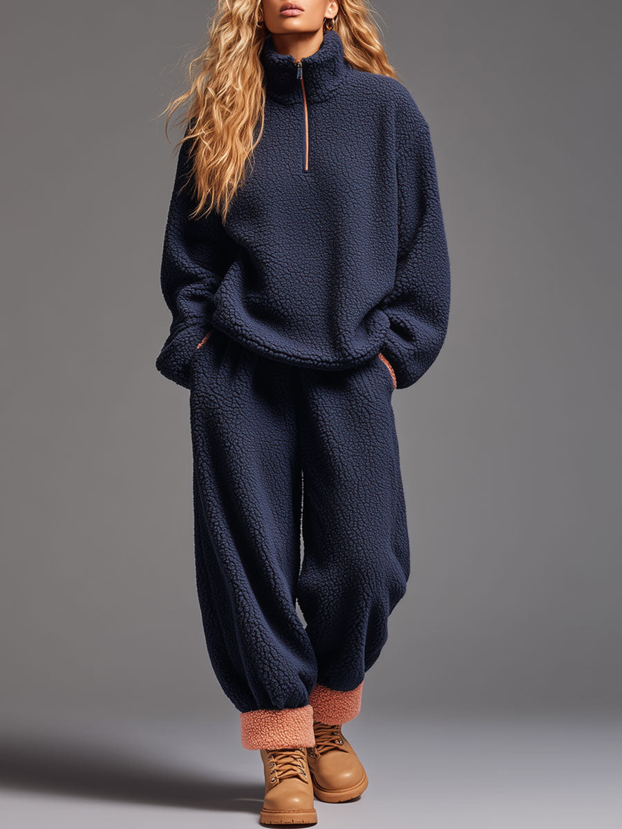 Relaxed Navy Blue Polar Fleece Half-zip Sweatshirt Trousers Sports Set