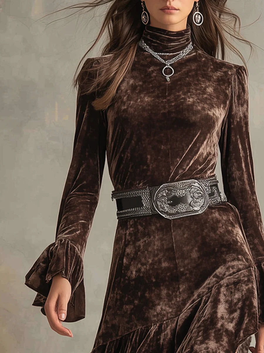 High-neck Long-sleeved Bell Sleeves Velvet Midi-Length Dress