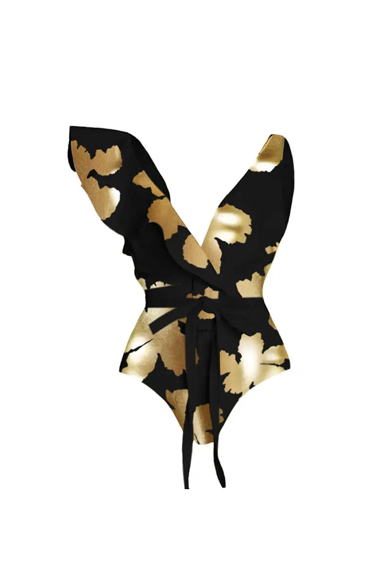 Foil Print Deep V Ruffled One Piece Swimsuit