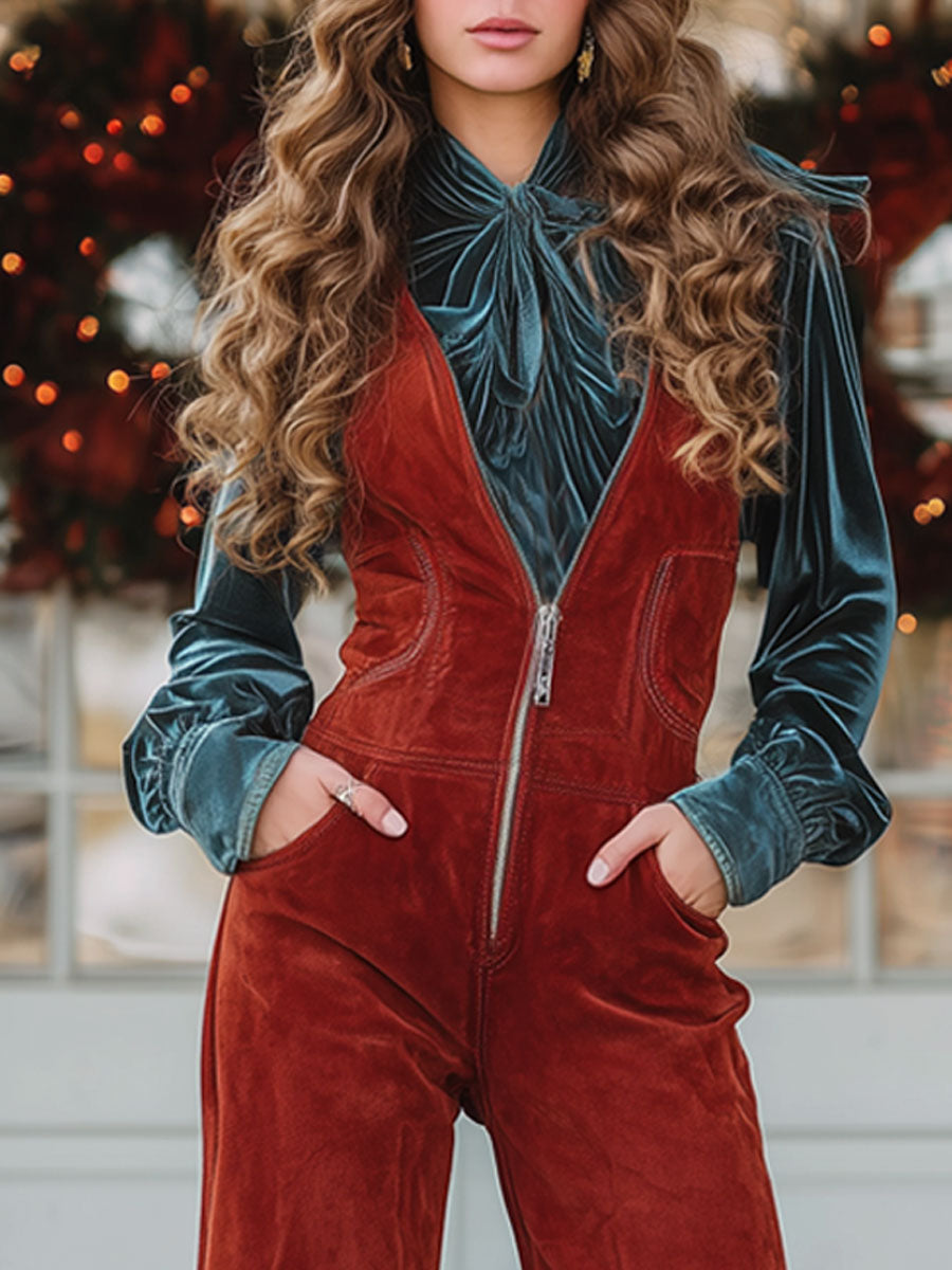 Modern Western Retro V-Neck Zipper Red Faux Suede Wide-leg Tassel Overalls