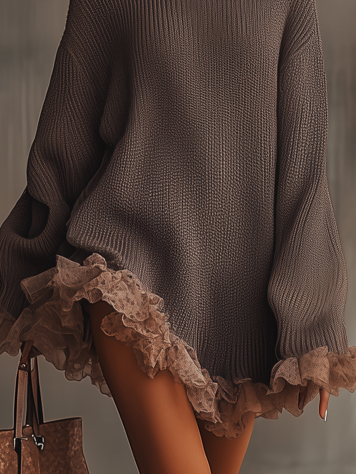 Brown Ruffled Hem Turtleneck Knit Sweater Dress