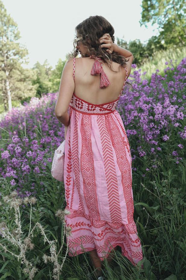 Naomi Patterned Embroidered Lace Up Cami Midi-Length Dress