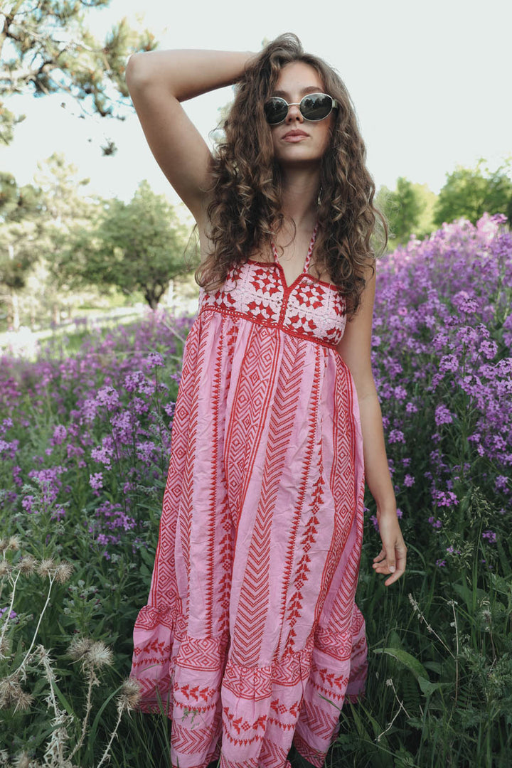 Naomi Patterned Embroidered Lace Up Cami Midi-Length Dress