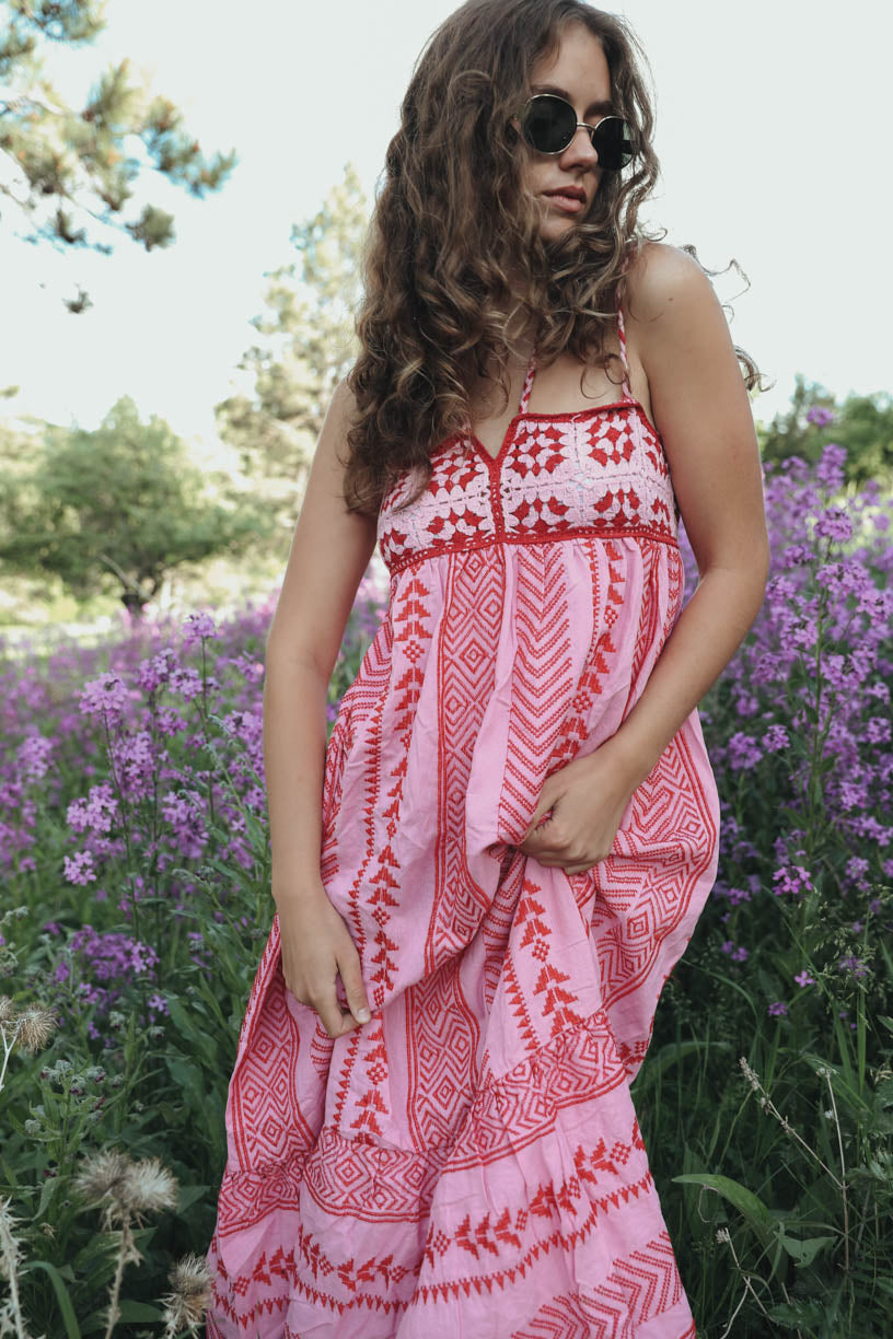 Naomi Patterned Embroidered Lace Up Cami Midi-Length Dress