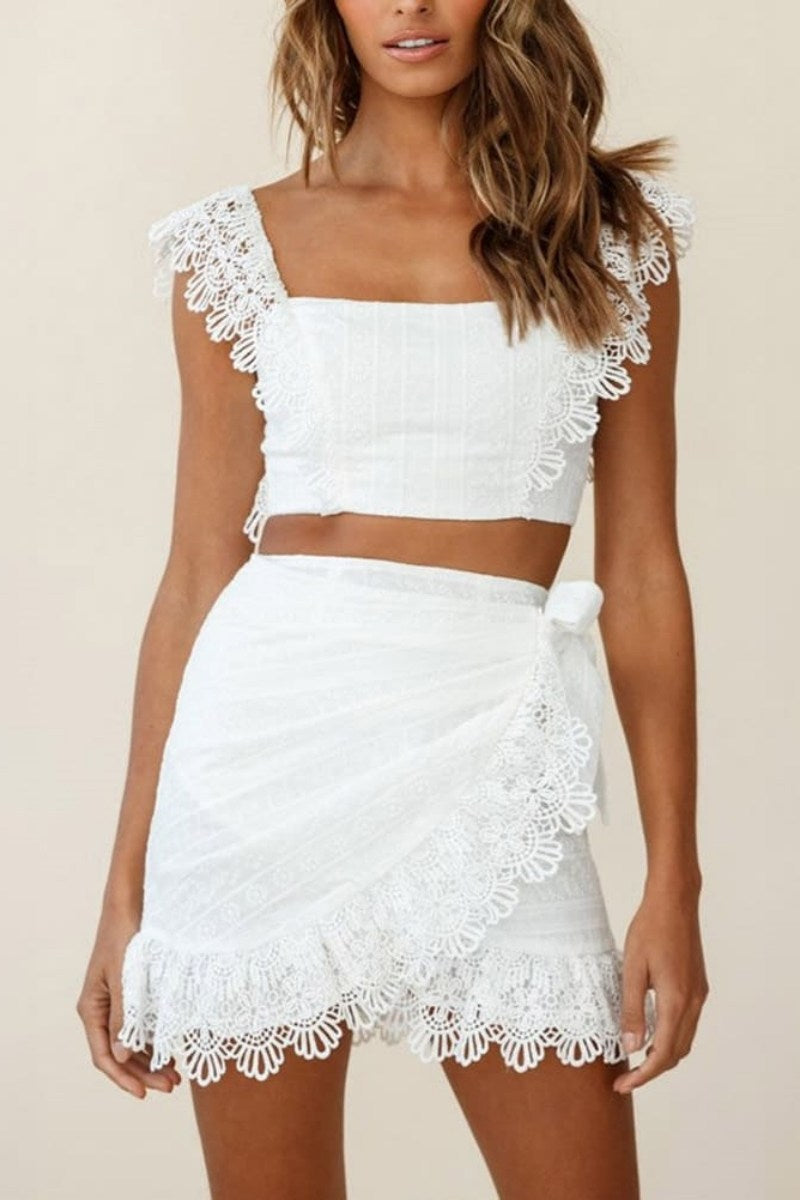 Coordinated White Sonnet Lace Crop Top and Skirt Set