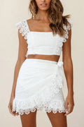 Coordinated White Sonnet Lace Crop Top and Skirt Set