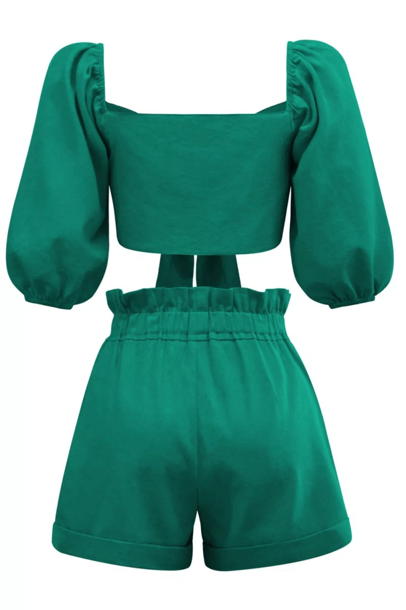 Modern Linen Wrap Front Tie Puff Sleeve Shorts Sets In Green