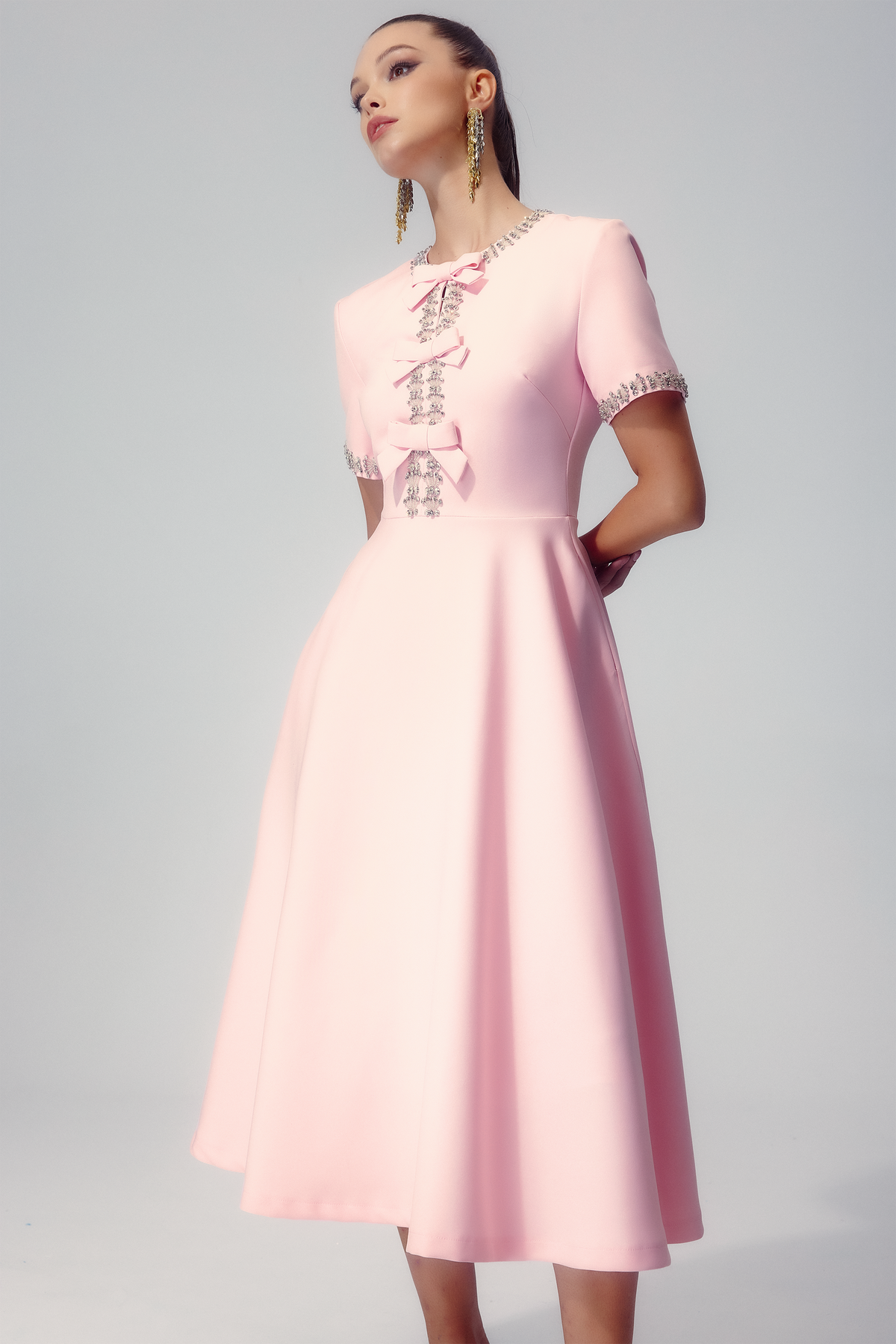 Zoe Bowknot Crystal-embellished Midi-Length Dress
