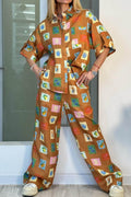 Loose Wide-Leg Trousers With Ethnic Botanical Flower Print-Set