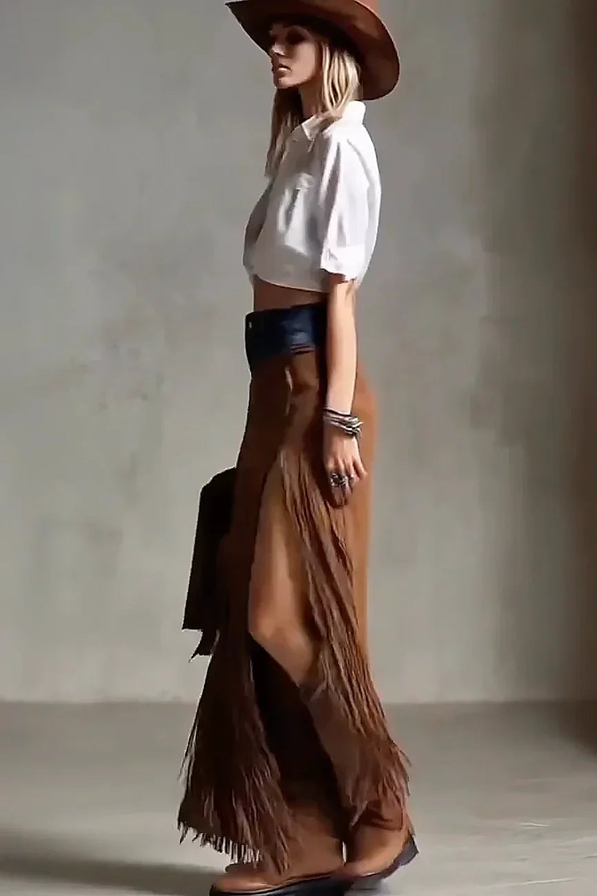 Modern Suede Fringe Maxi Skirt