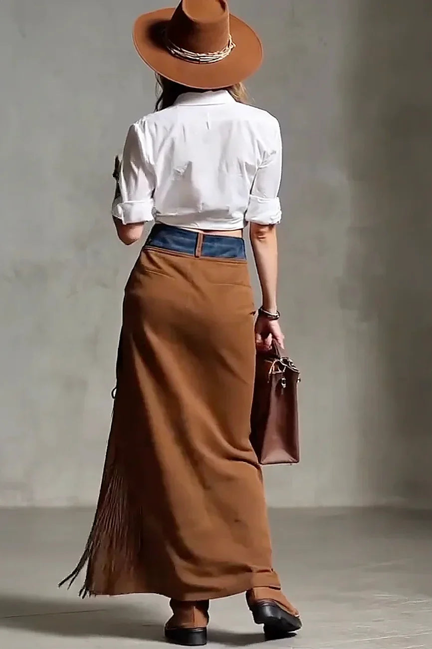 Modern Suede Fringe Maxi Skirt