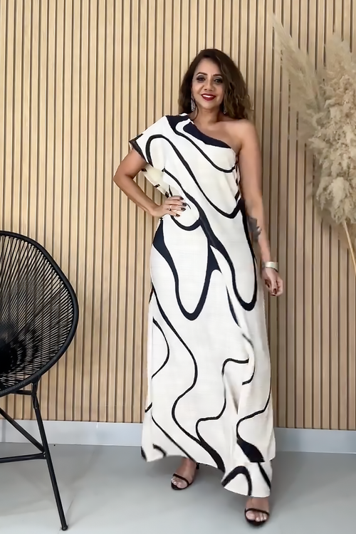 Abstract Wave One-Shoulder Maxi-Length Dress