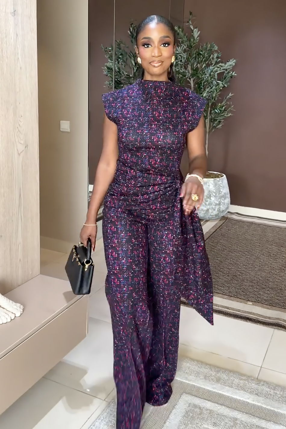 Purple Mosaic Print Wrap Waist Trousers Set