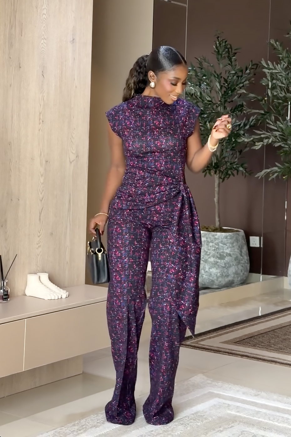Purple Mosaic Print Wrap Waist Trousers Set