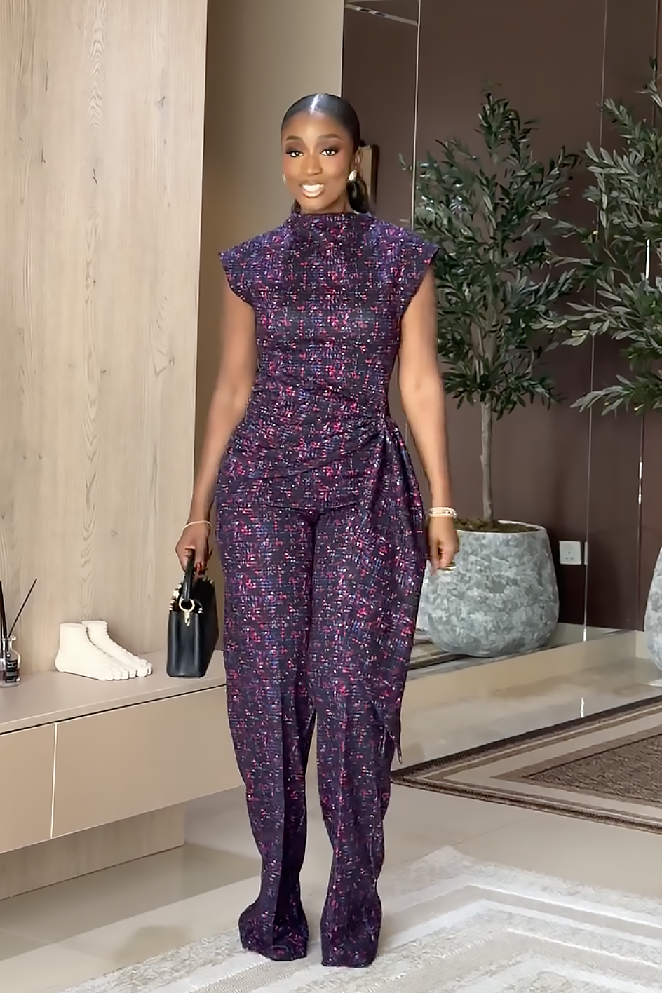Purple Mosaic Print Wrap Waist Trousers Set