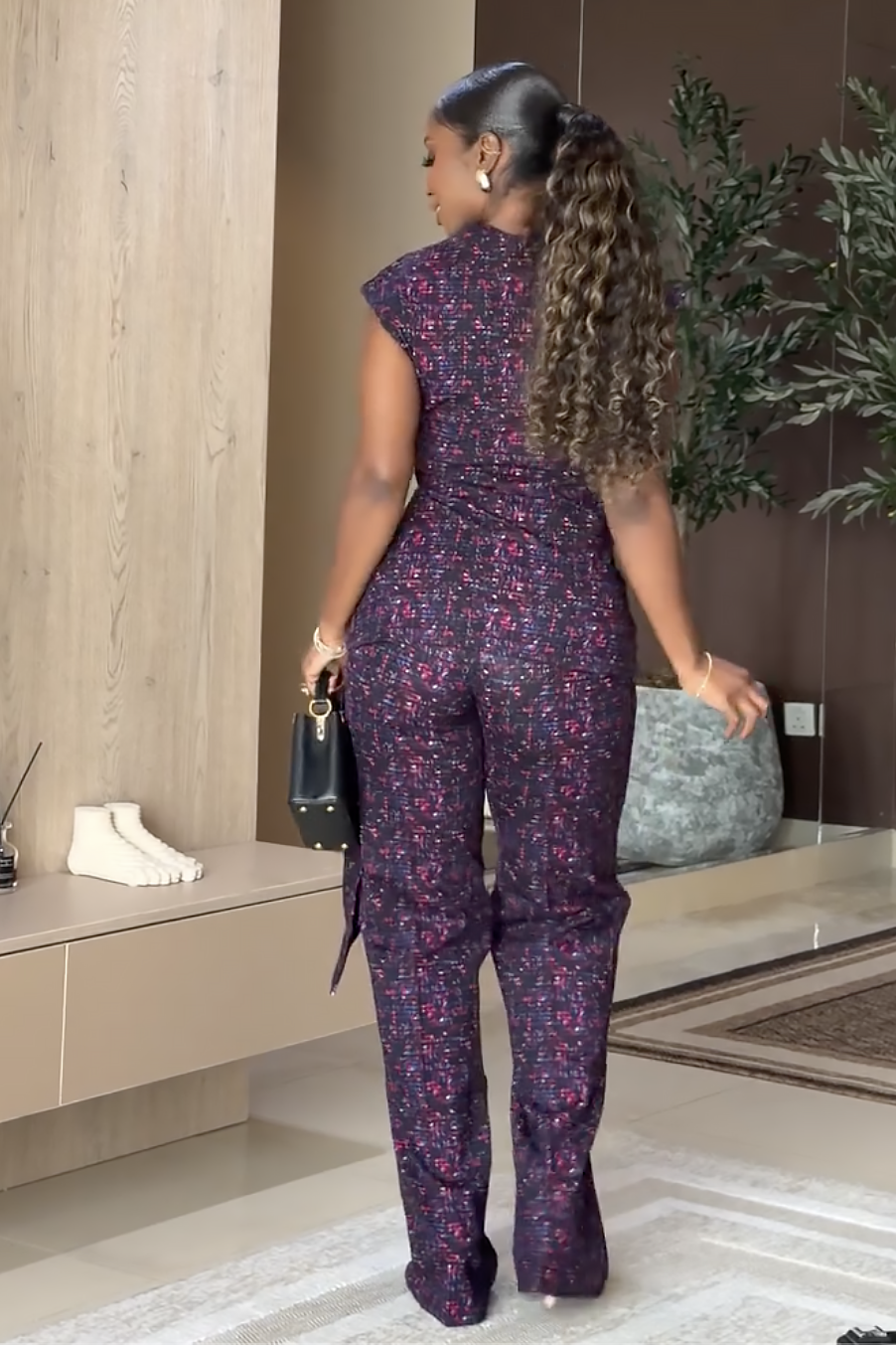 Purple Mosaic Print Wrap Waist Trousers Set