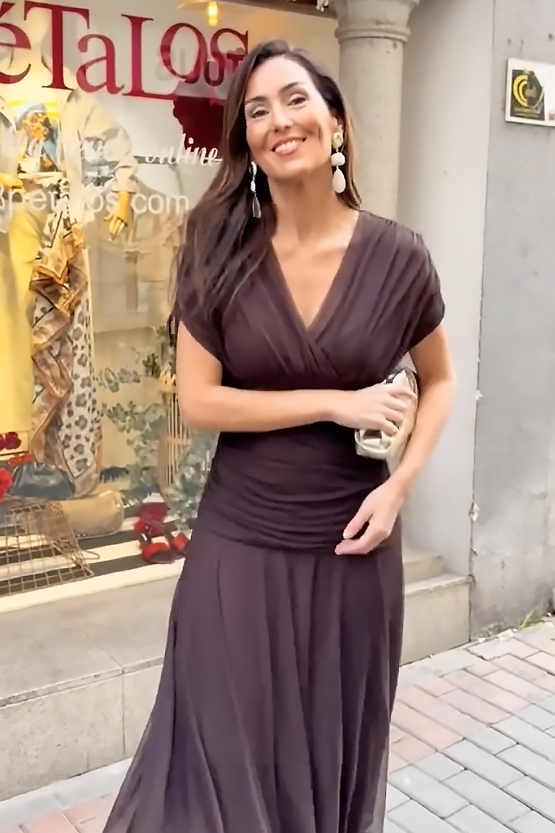 V-Neck Mesh Midi-Length Dress