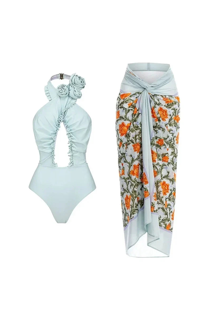Halter Open-Back Swimsuit with 3D Flower Set