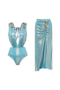 3D Butterfly Blue Glossy Swimwear Set