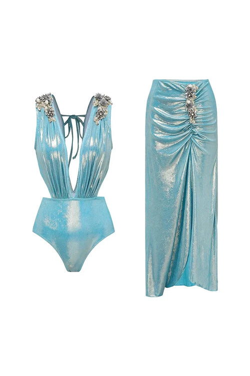 3D Butterfly Blue Glossy Swimwear Set