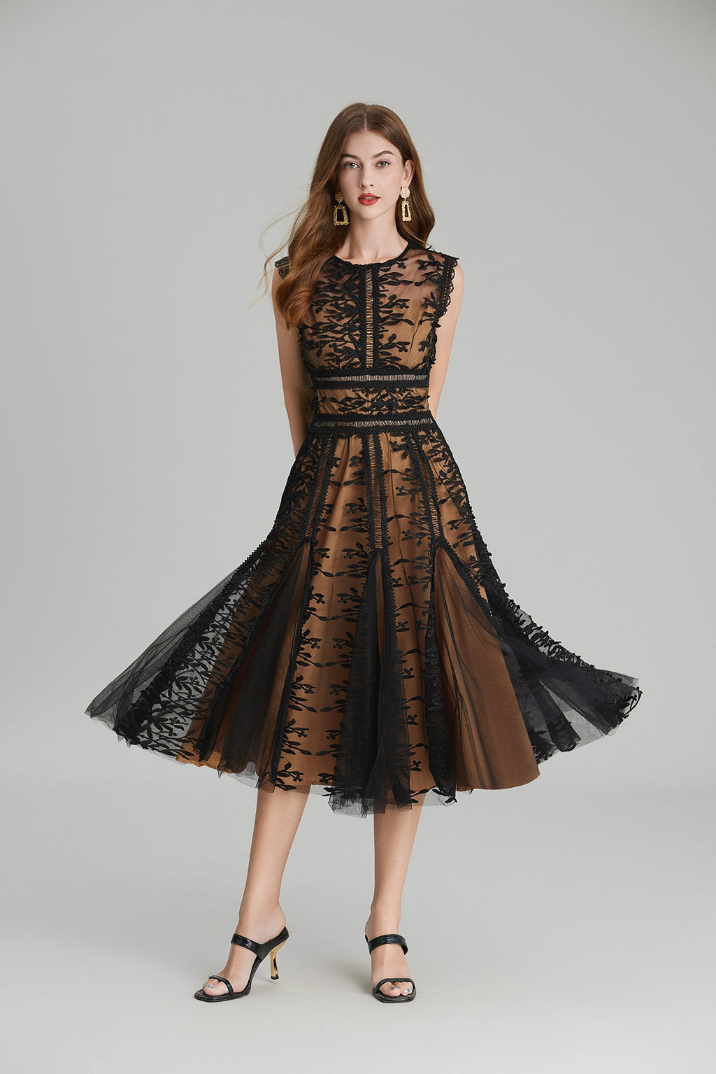Maelle Crew Neck Mesh Embroidered Midi-Length Dress In Beige
