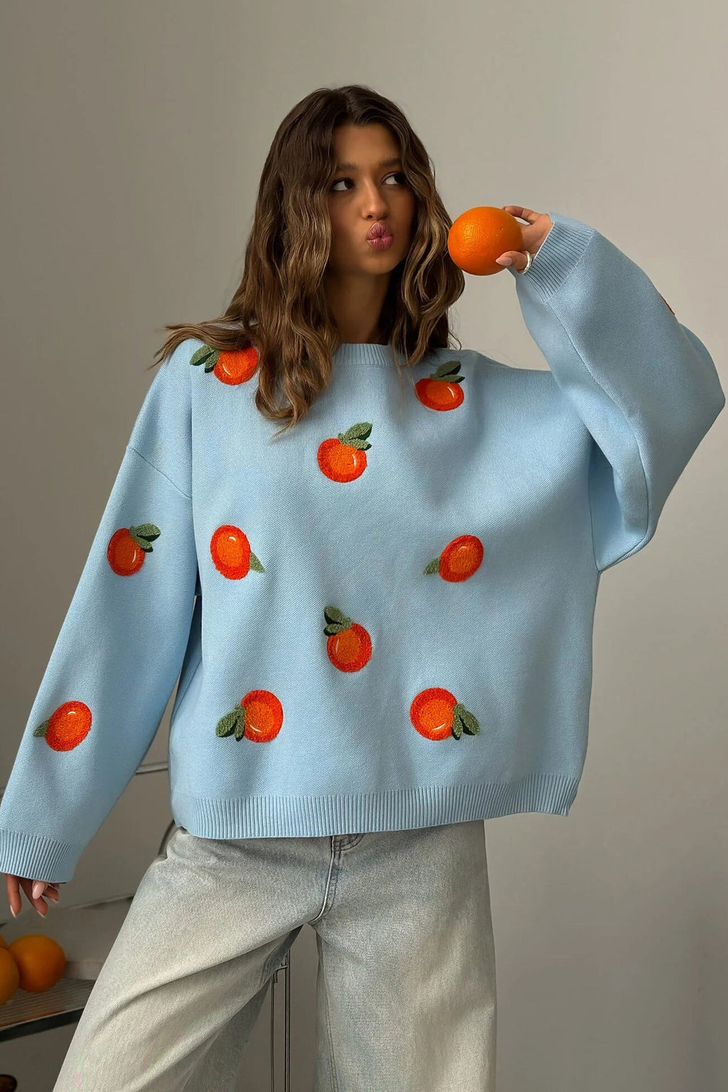 Modern Girls' Orange Flocked Knit Sweater