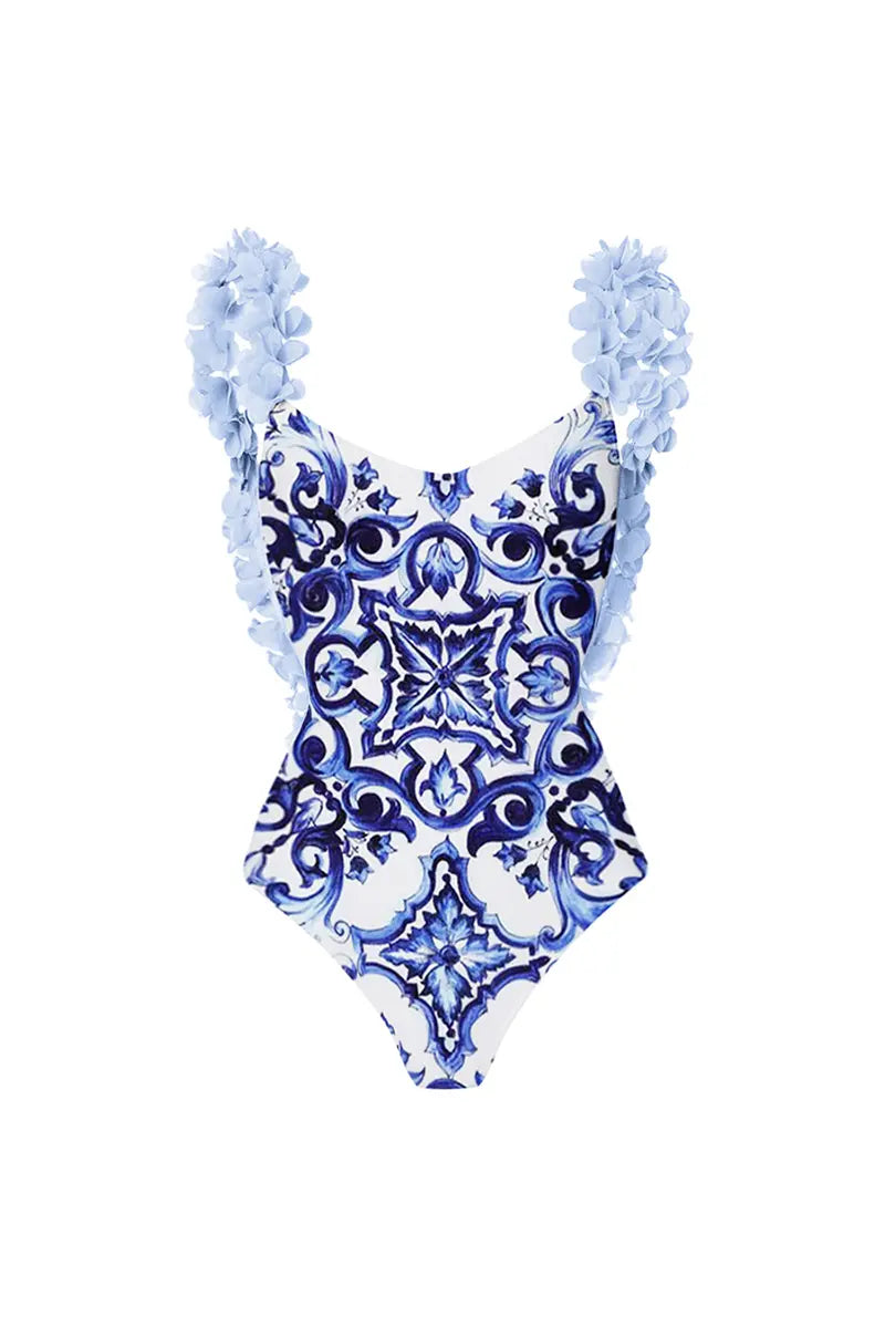 Modern Blue One-Piece Bikini with Handmade Applique