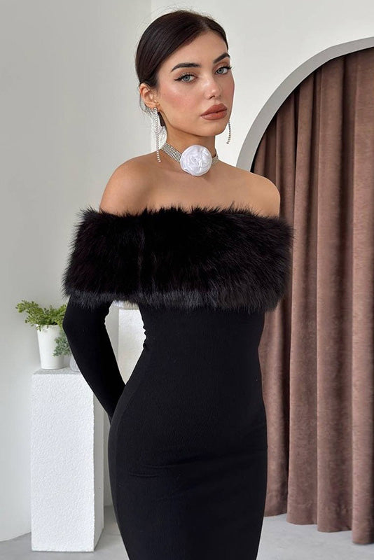 Fur Collar Off-shoulder Midi-Length Dress
