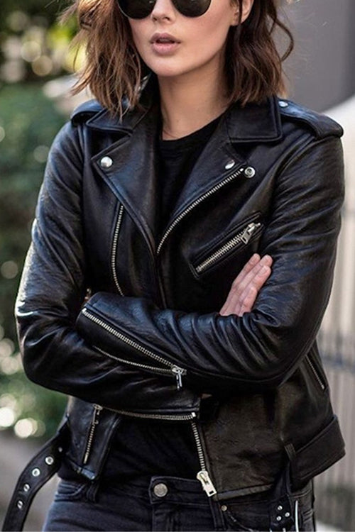 Vintage Faux Leather Jacket with Lapels and Zipper